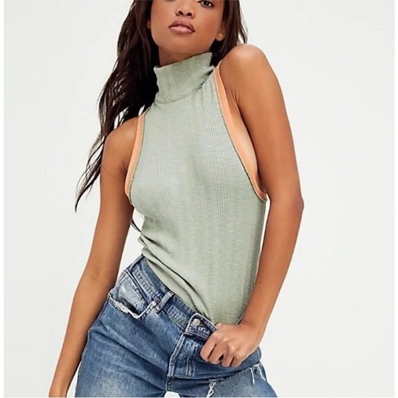 We The Free by Free People Marley Ribbed Mock-Neck Tank Top Green Orange - Picture 1 of 6